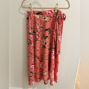 Pink Floral Wrap Midi Skirt